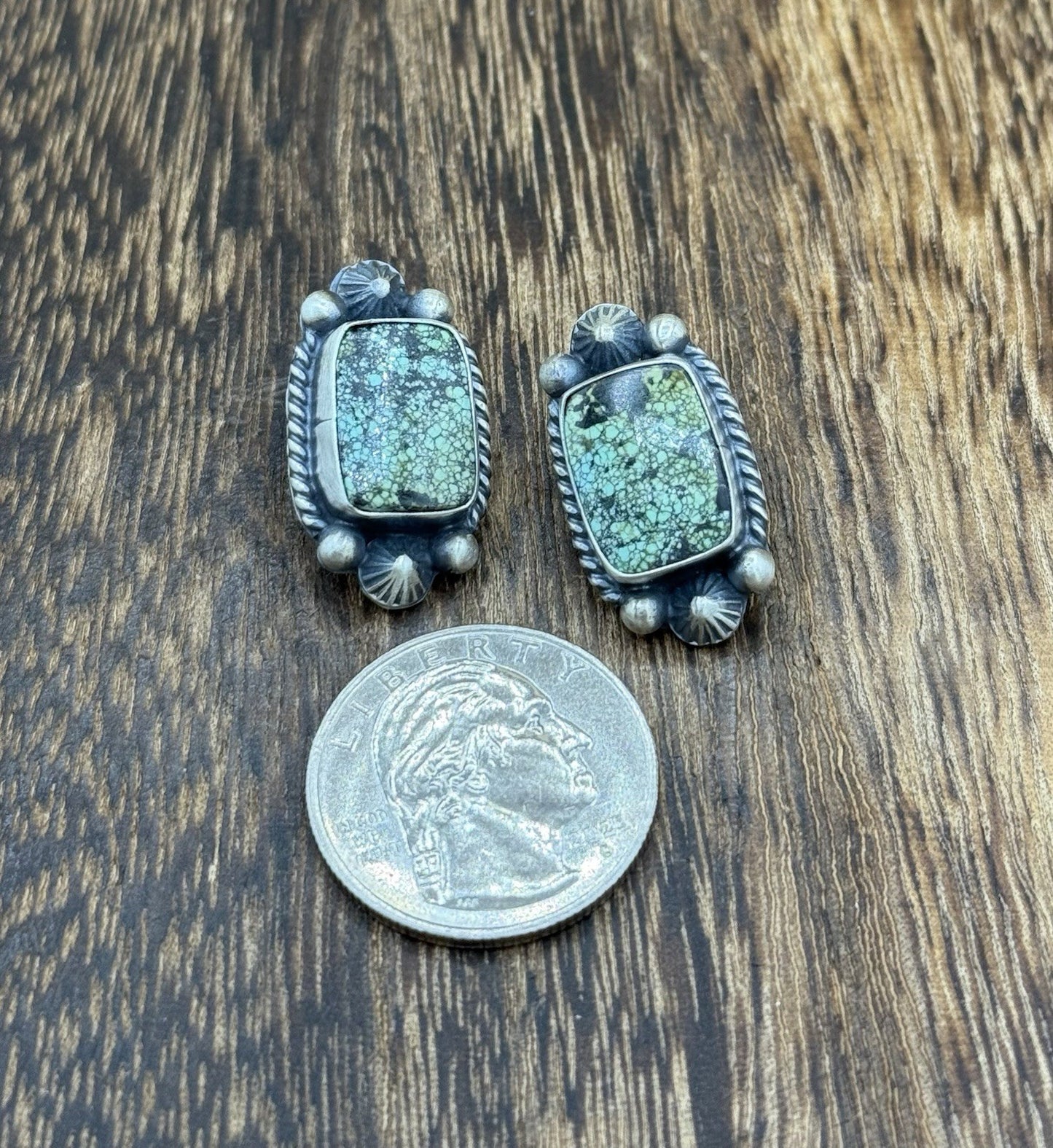 Navajo Handmade Sterling Silver Blackjack Turquoise Old Look Post Stud Earrings