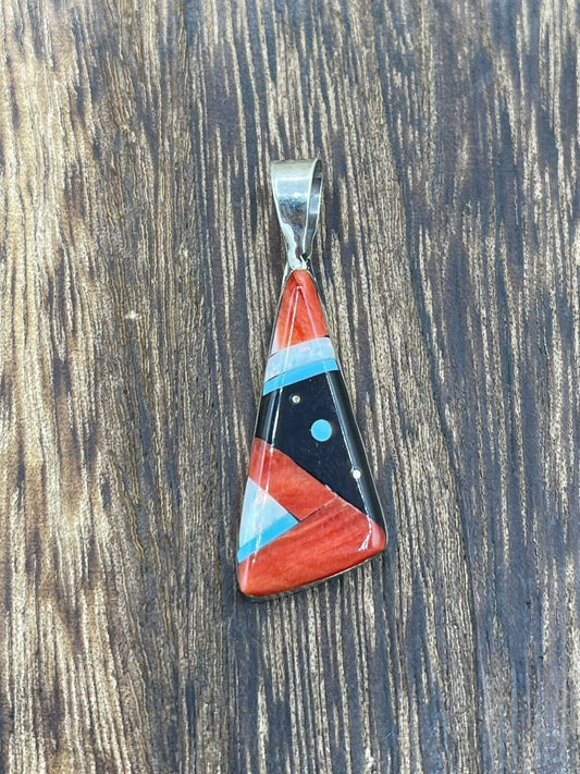 Native American Navajo Handmade Sterling Silver Multi Stone Inlay Pendant