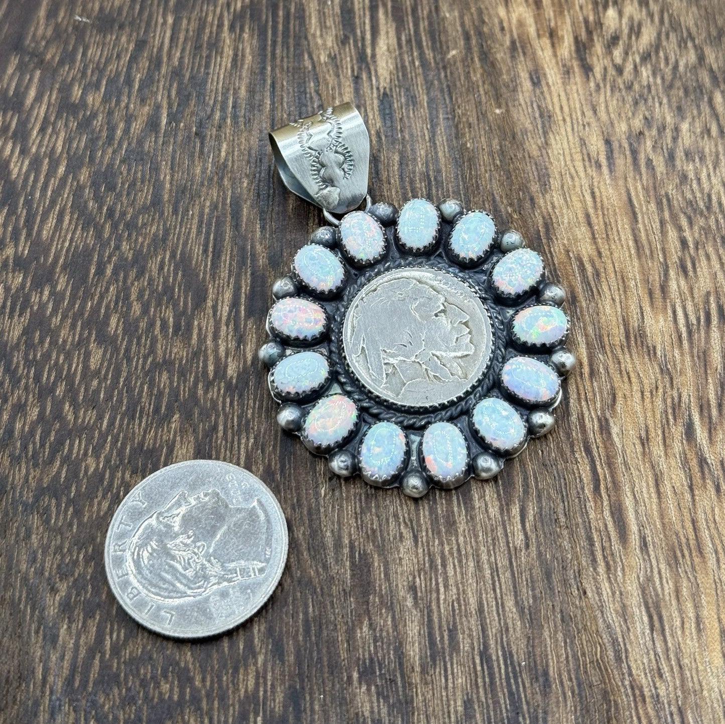 Navajo Handmade Sterling Silver White Fire Opal Cluster Buffalo Coin Pendant