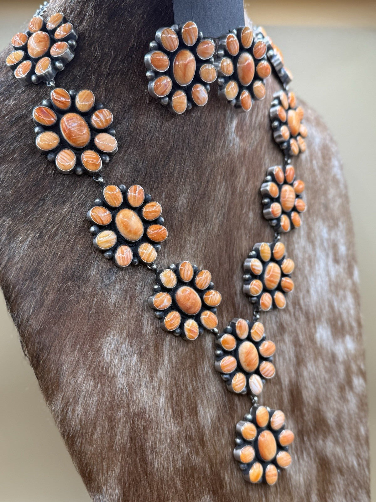 Navajo Handmade Silver Orange Spiny Oyster Cluster Lariat Dangle Necklace 24”