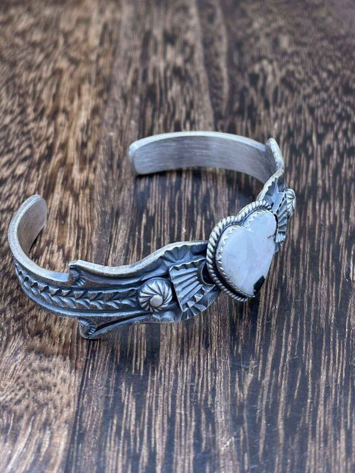 Native American Navajo Handmade Sterling Silver White Buffalo Old look Bracelet