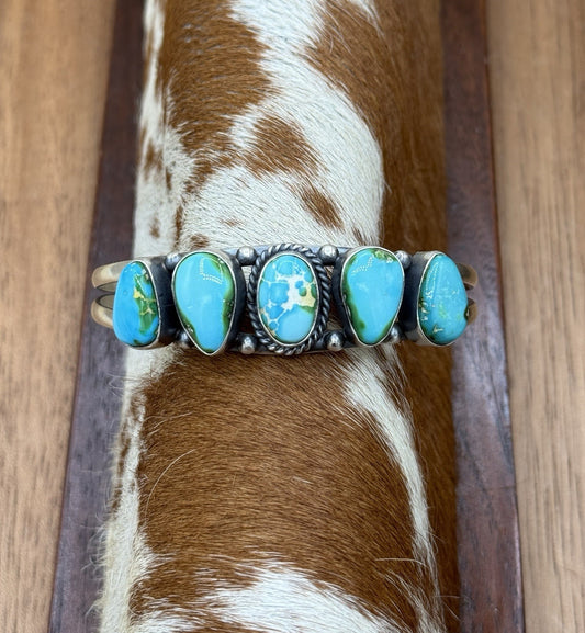 Navajo Handmade Sterling Silver Sonoran Gold Turquoise Cluster Cuff Bracelet