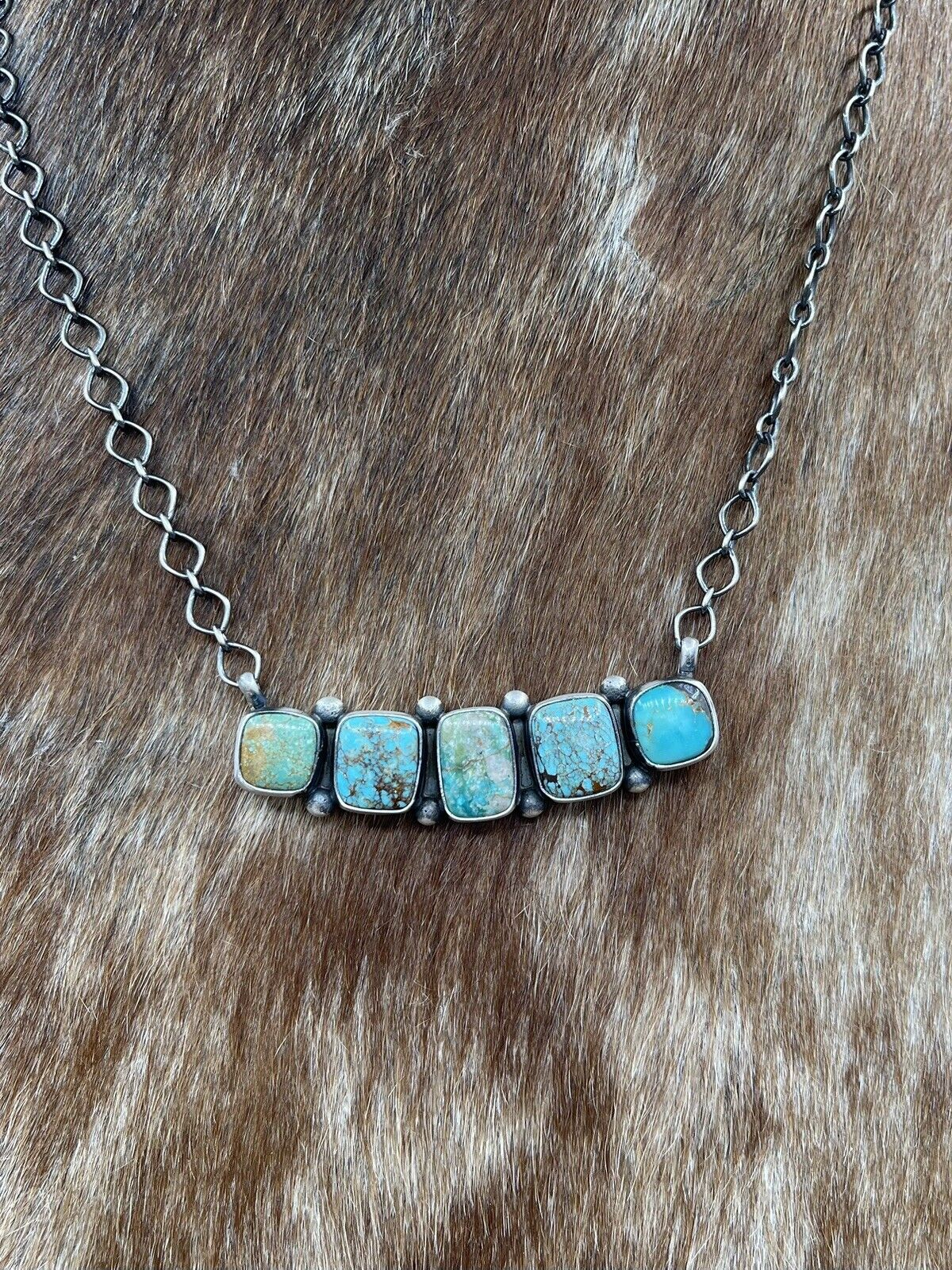 Native American Navajo Handmade Sterling Silver Mixed Turquoise Bar Necklace 18”