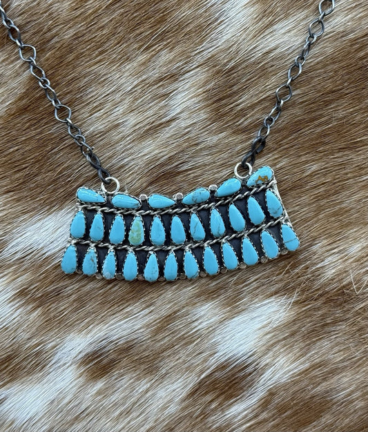 Native Navajo Handmade Sterling Silver Turquoise Cluster Bar Necklace 18”