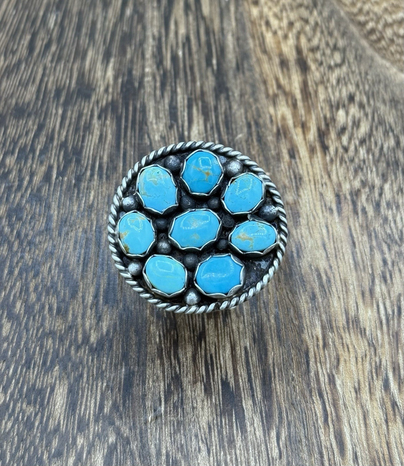 Navajo Handmade Sterling Silver Kingman Turquoise Adjustable Ring Size 7 To 9