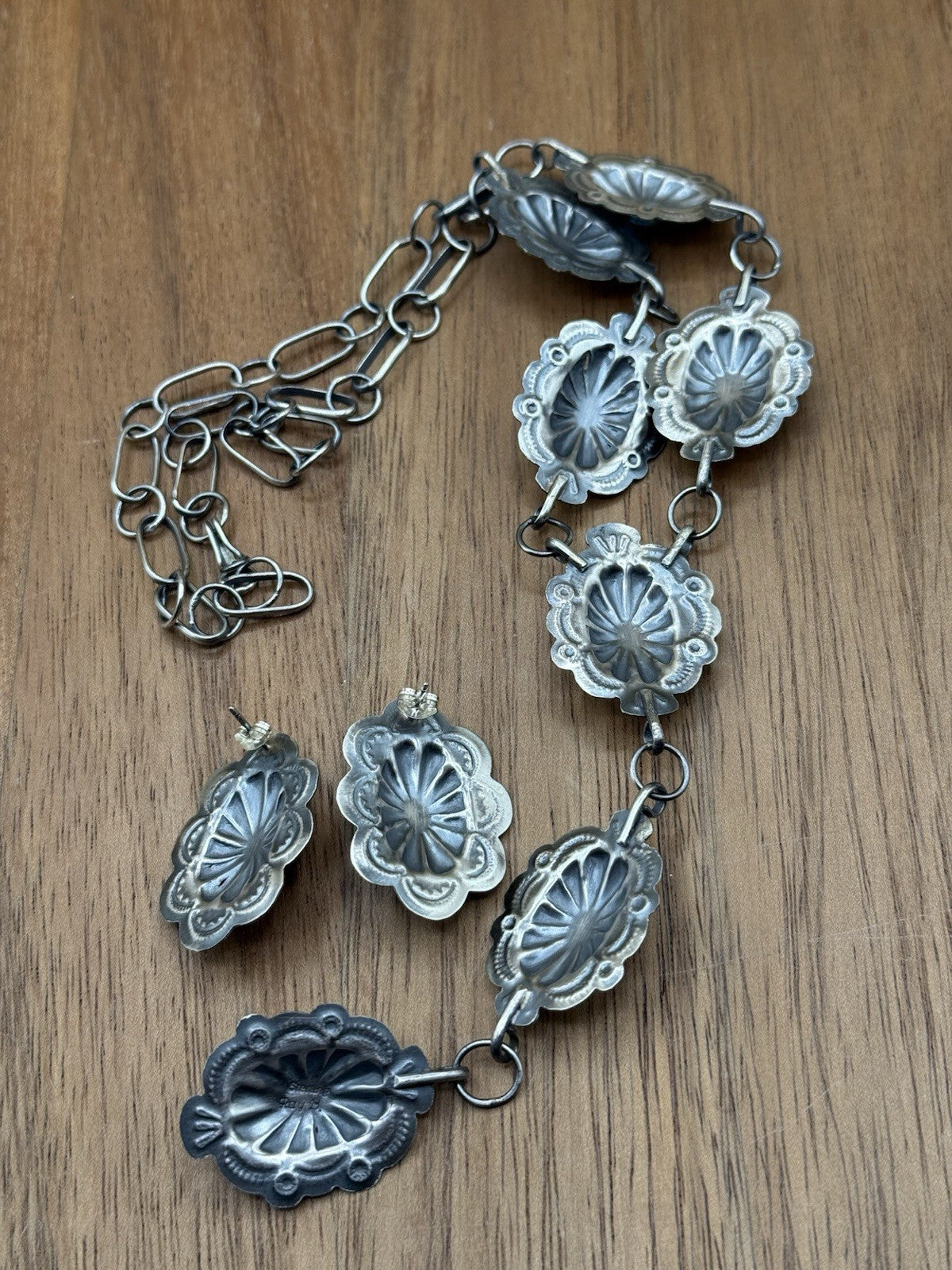 Navajo Handmade Sterling Silver Stamped Concho Turquoise Lariat Necklace Set 24”