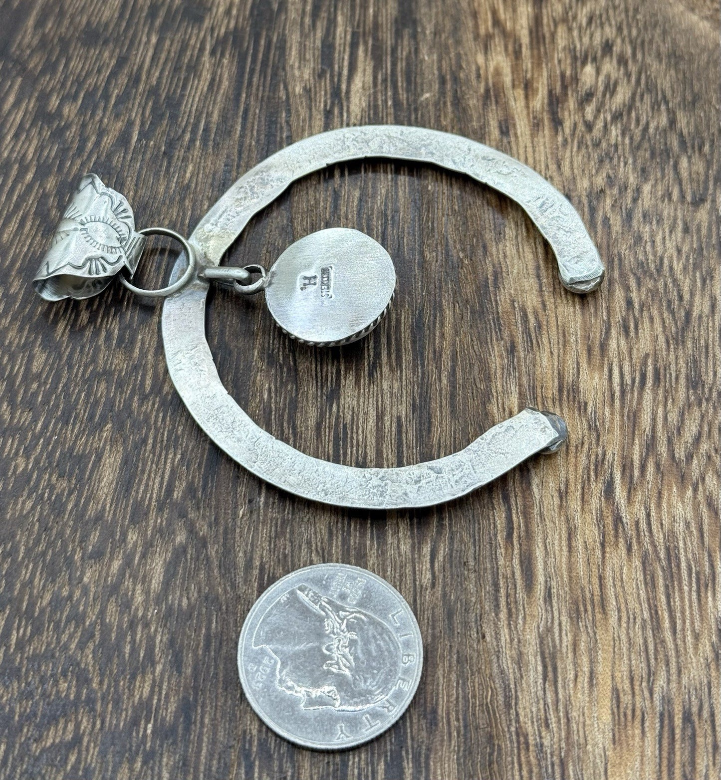 Navajo Handmade Sterling Silver Stamped Blue Glacier Turquoise Naja Pendant