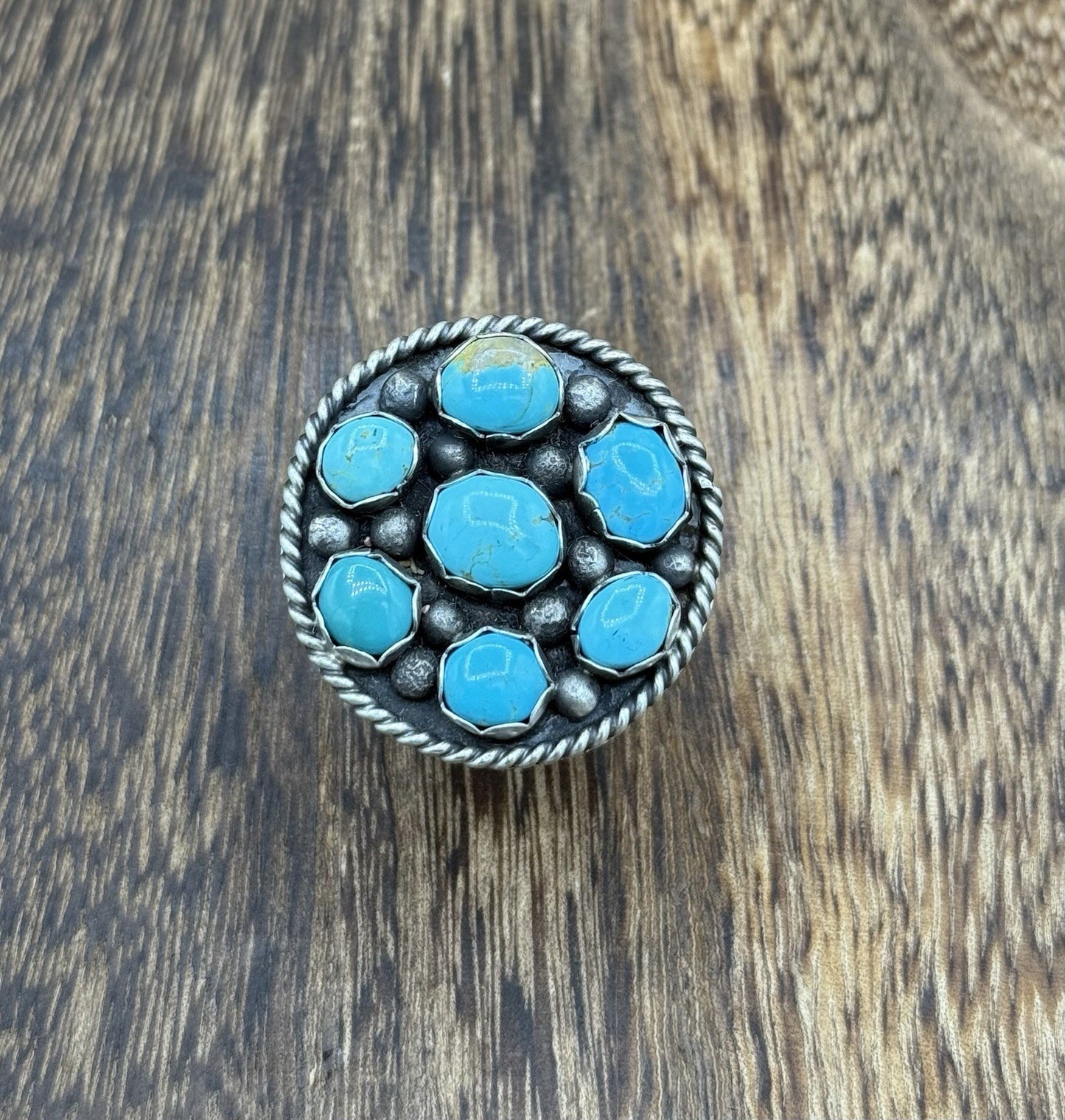 Navajo Handmade Sterling Silver Kingman Turquoise Adjustable Ring Size 7 To 9