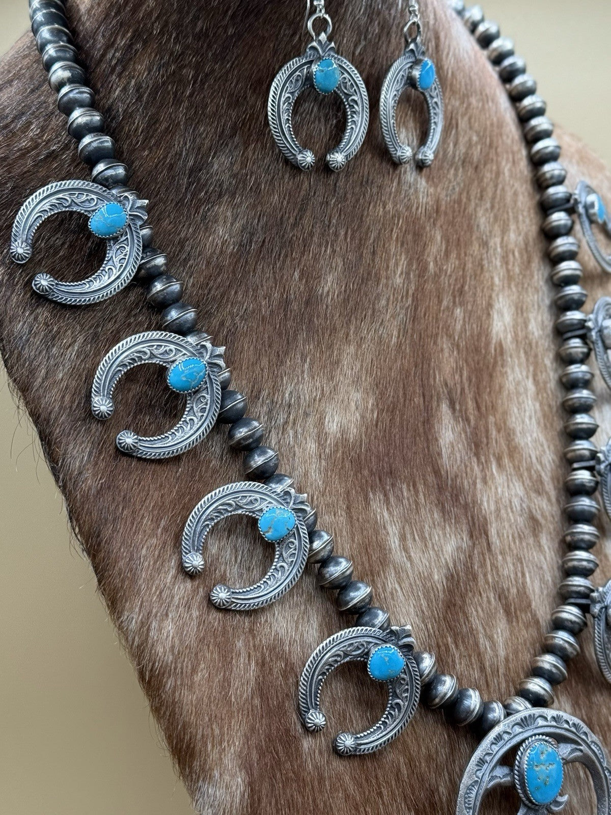 Navajo Handmade Sterling Silver Kingman Turquoise Squash Blossom Set By Kevin B.