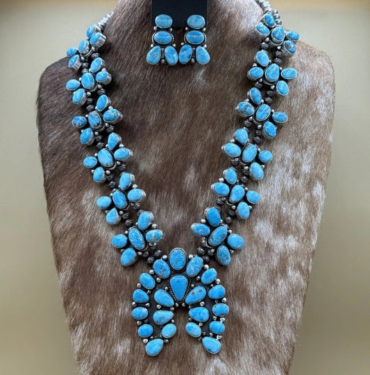 Navajo Handmade Sterling Silver Blue Ridge Turquoise Squash Blossom Necklace