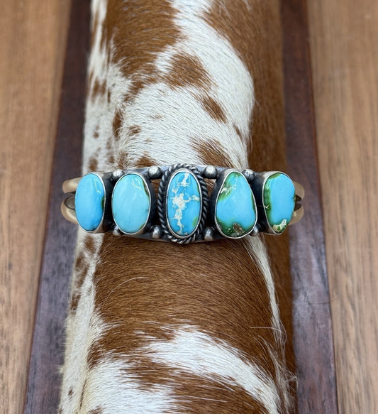 Navajo Handmade Sterling Silver Sonoran Gold Turquoise Cluster Cuff Bracelet