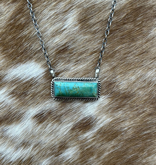 Navajo Handmade Sterling Silver Kingman Turquoise Bar Necklace 16”
