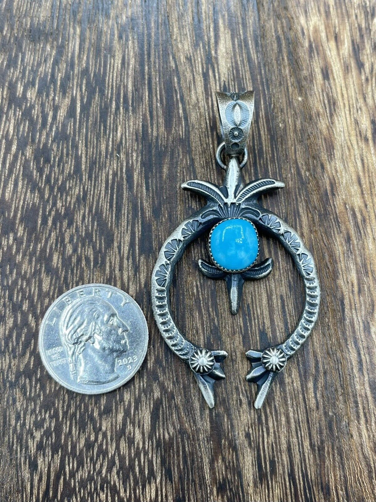 Native American Indian Navajo Handmade Silver Old Look Turquoise Naja Pendant