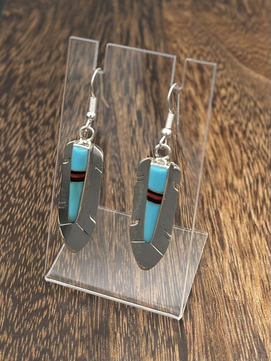 Native American Sterling Silver Navajo Handmade Turquoise Inlay Dangle Earring