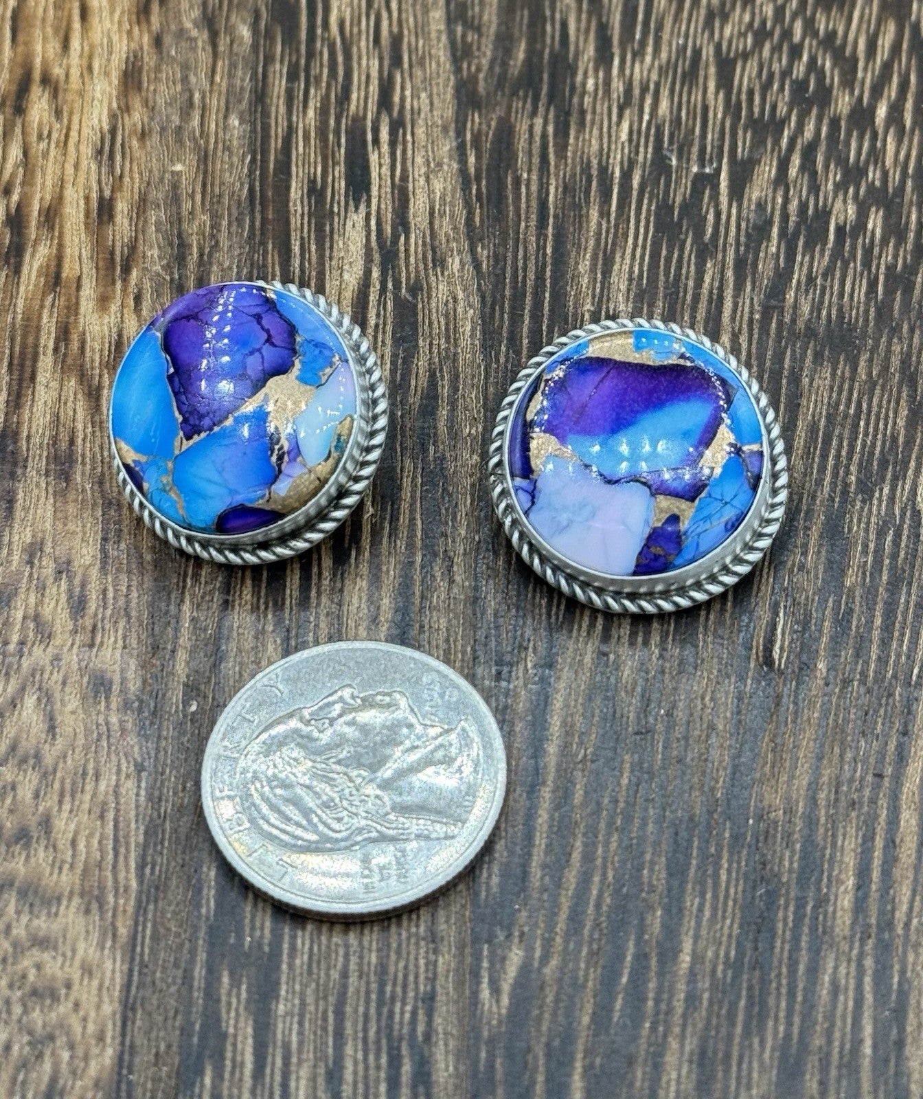 Navajo Handmade Sterling Silver Violet Rose & Blue Dahlia Post Earrings Letricia