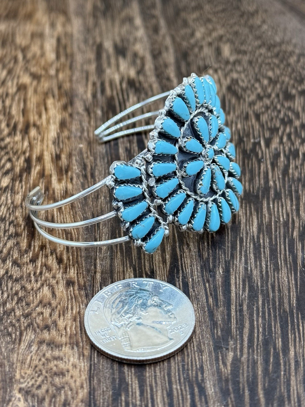 Native American Navajo Handmade Sterling Silver Turquoise Cluster Cuff Bracelet