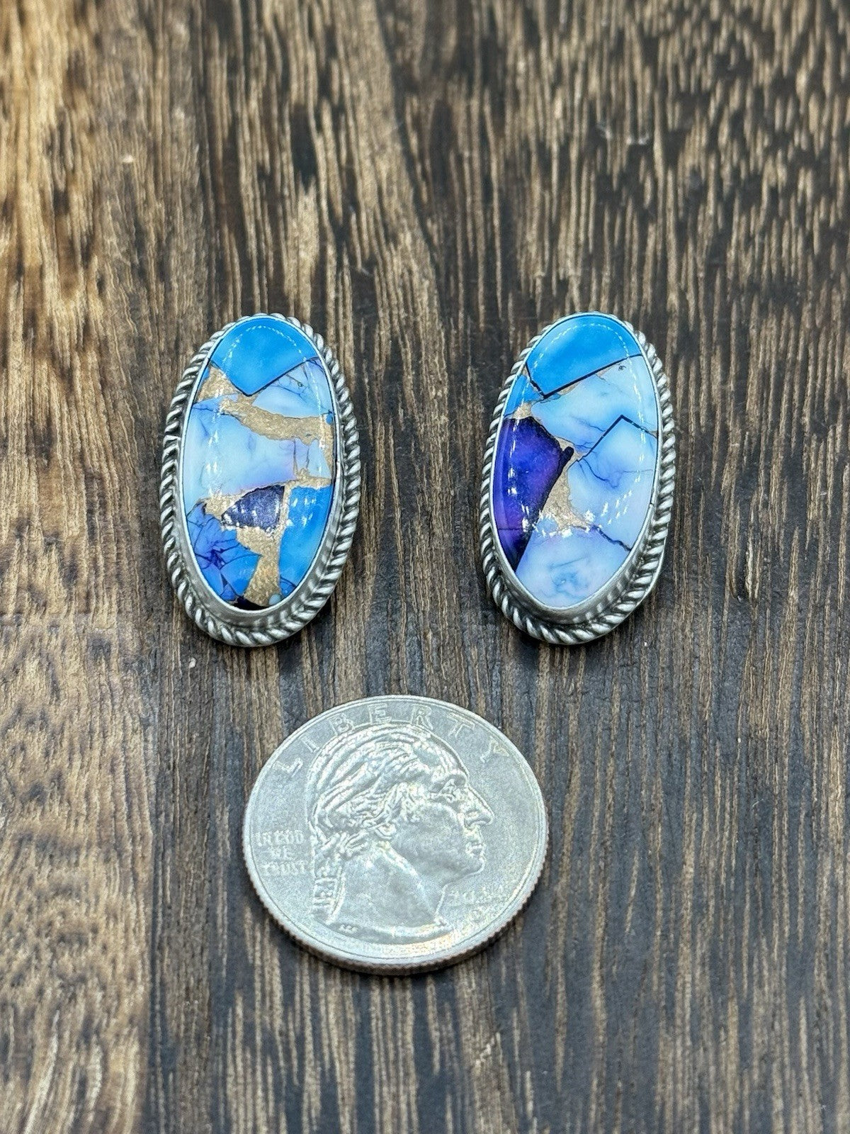 Navajo Handmade Sterling Silver Violet Rose & Blue Dahlia Post Earrings Letricia