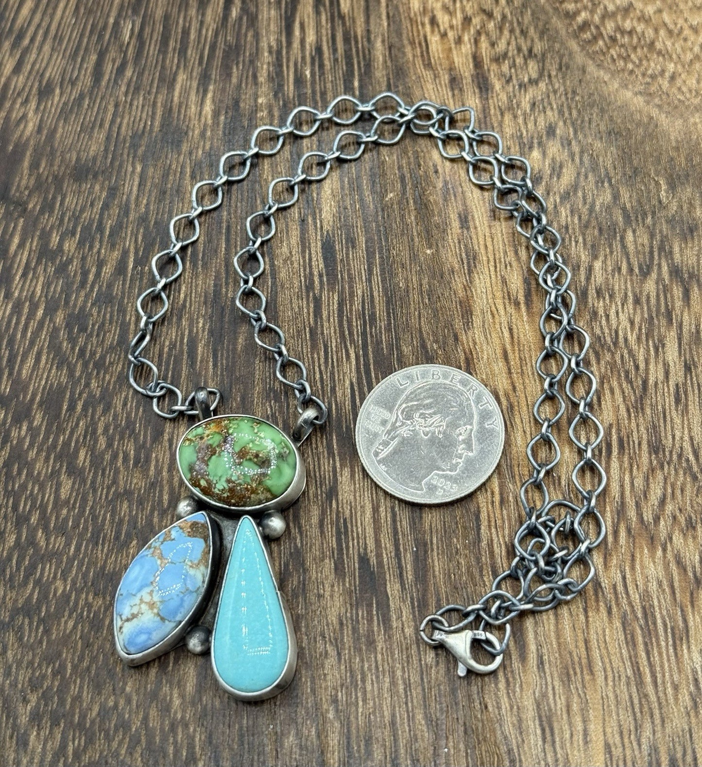 Navajo Handmade Sterling Silver Mixed Turquoise  Cluster Bar Necklace 18”