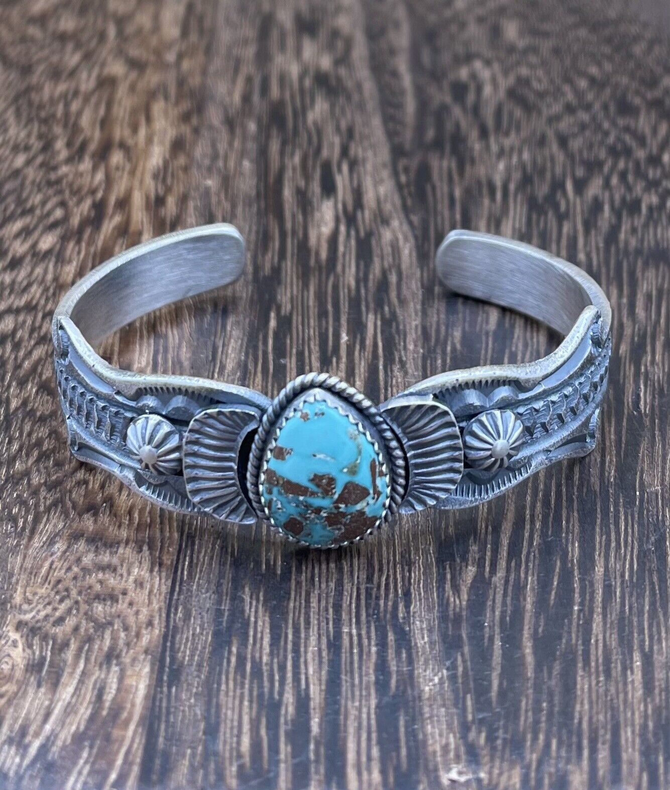 Native American Navajo Handmade Silver Kingman Turquoise Old look Bracelet