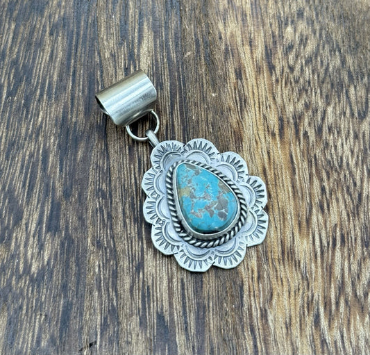 Navajo Handmade Sterling Silver Royston Turquoise Stamped Design Drop Pendant