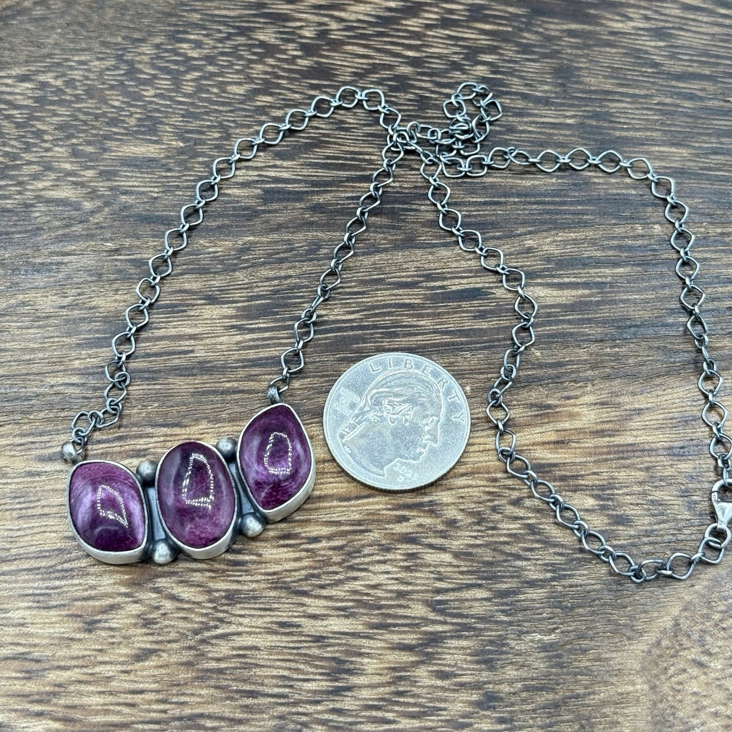 Navajo Handmade Sterling Silver Purple Spiny Oyster Cluster Bar Necklace 18”