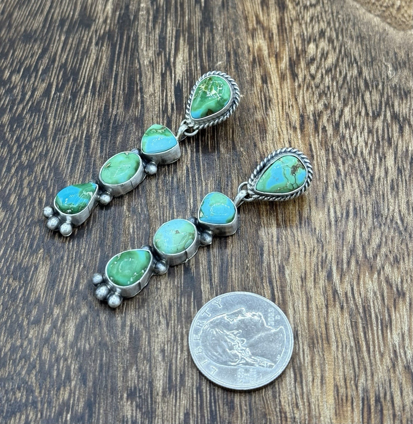 Navajo Handmade Sterling Silver Sonoran Gold Turquoise Post Cluster Earrings