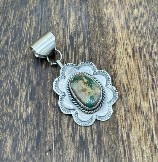 Navajo Handmade Sterling Silver Royston Turquoise Stamped Design Drop Pendant