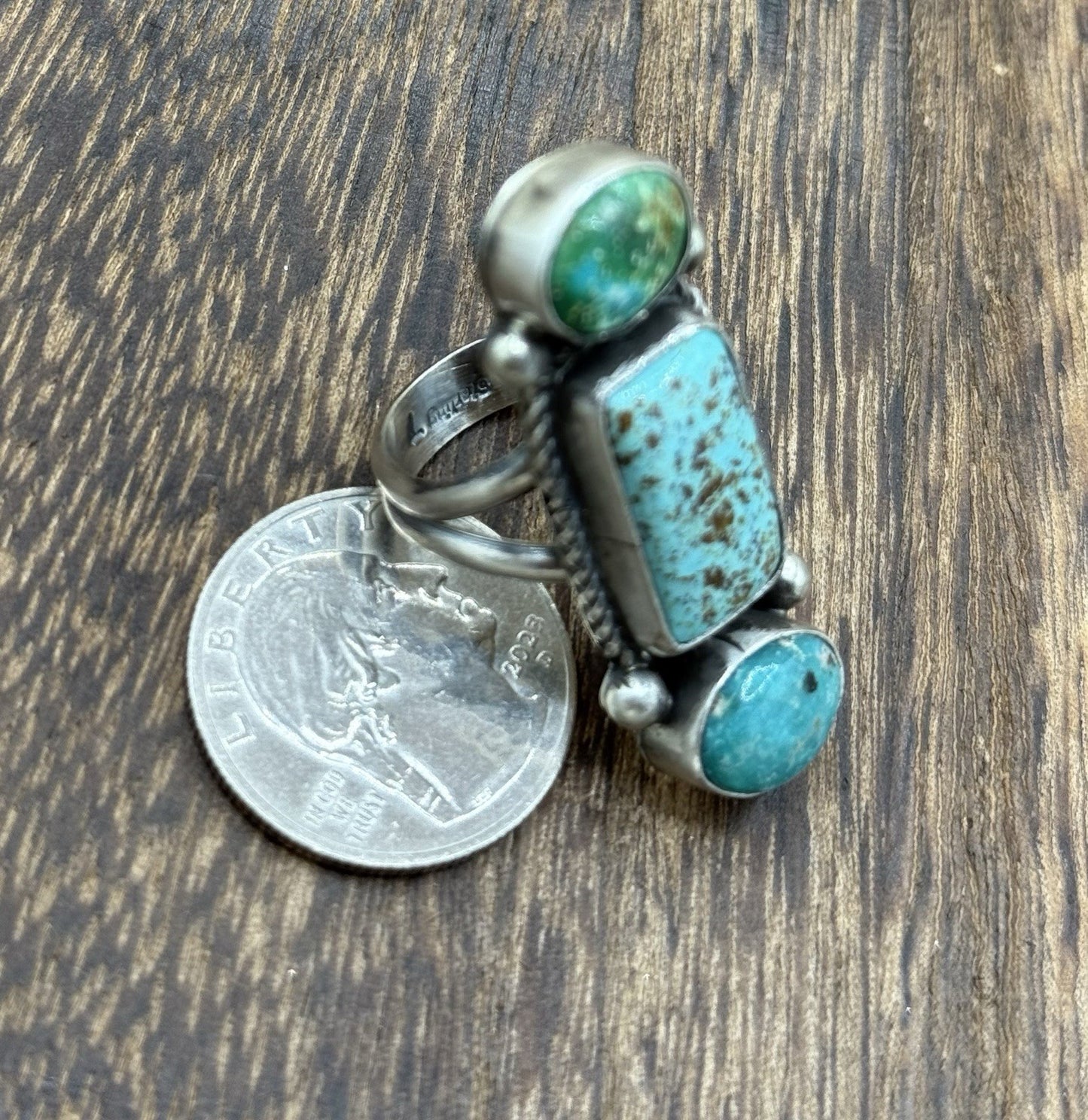 Native Navajo Handmade Sterling Silver Mixed Turquoise Stone Cluster Ring Size 8