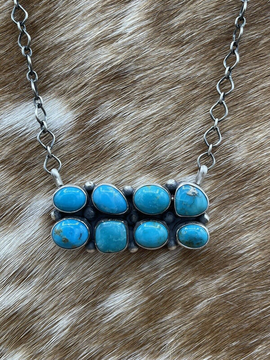 Native American Navajo Handmade Silver Turquoise Cluster Bar Necklace 18