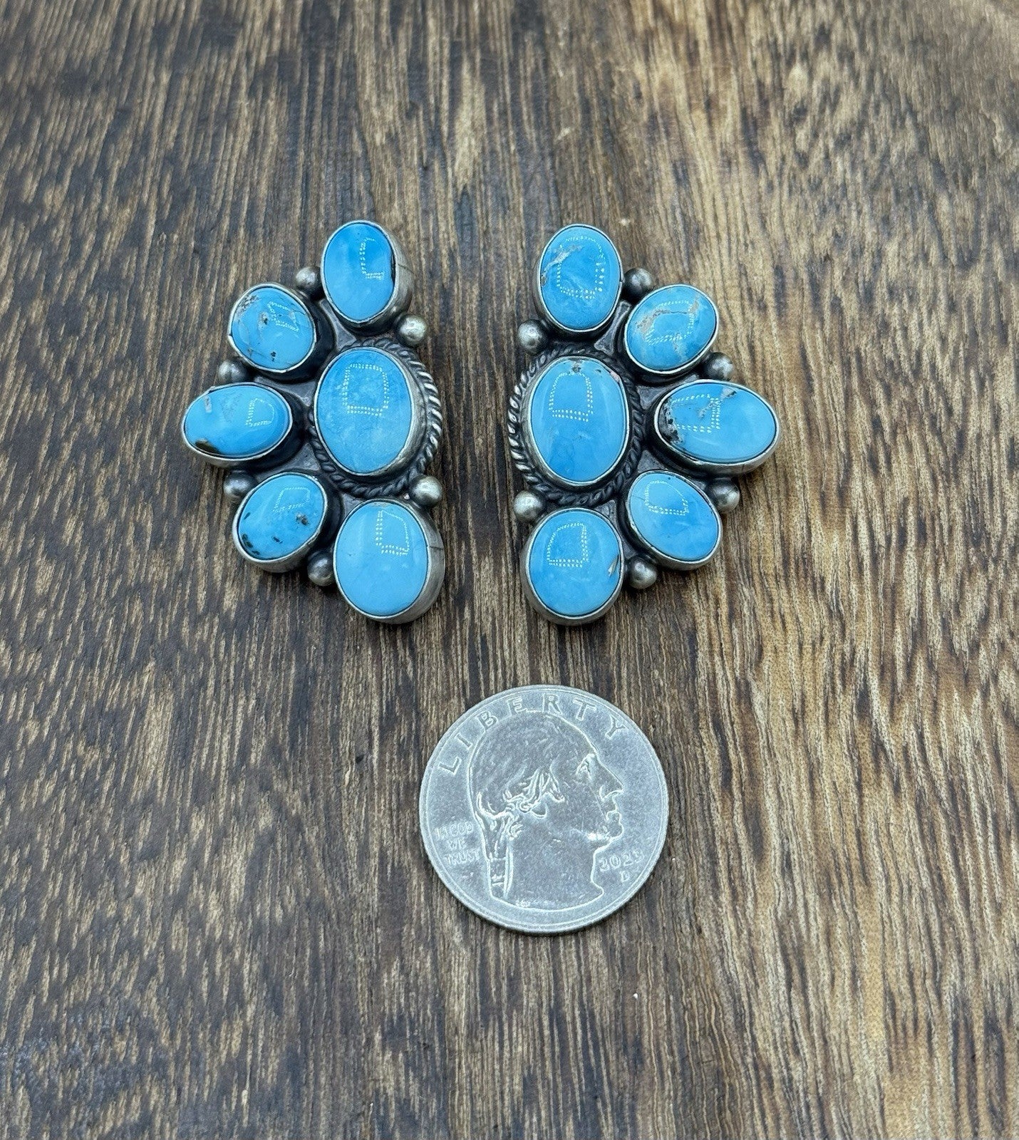 Navajo Handmade Sterling Silver Blue Ridge Turquoise Half Cluster Large Earrings
