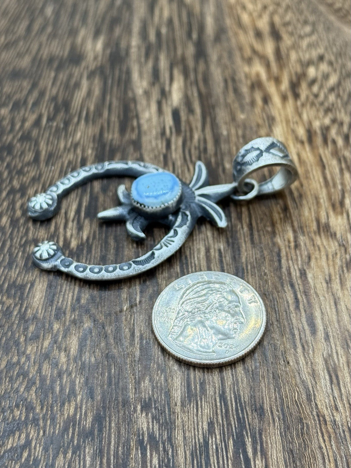 Navajo Handmade Sterling Silver Old Look Golden Hills Turquoise Naja Pendant