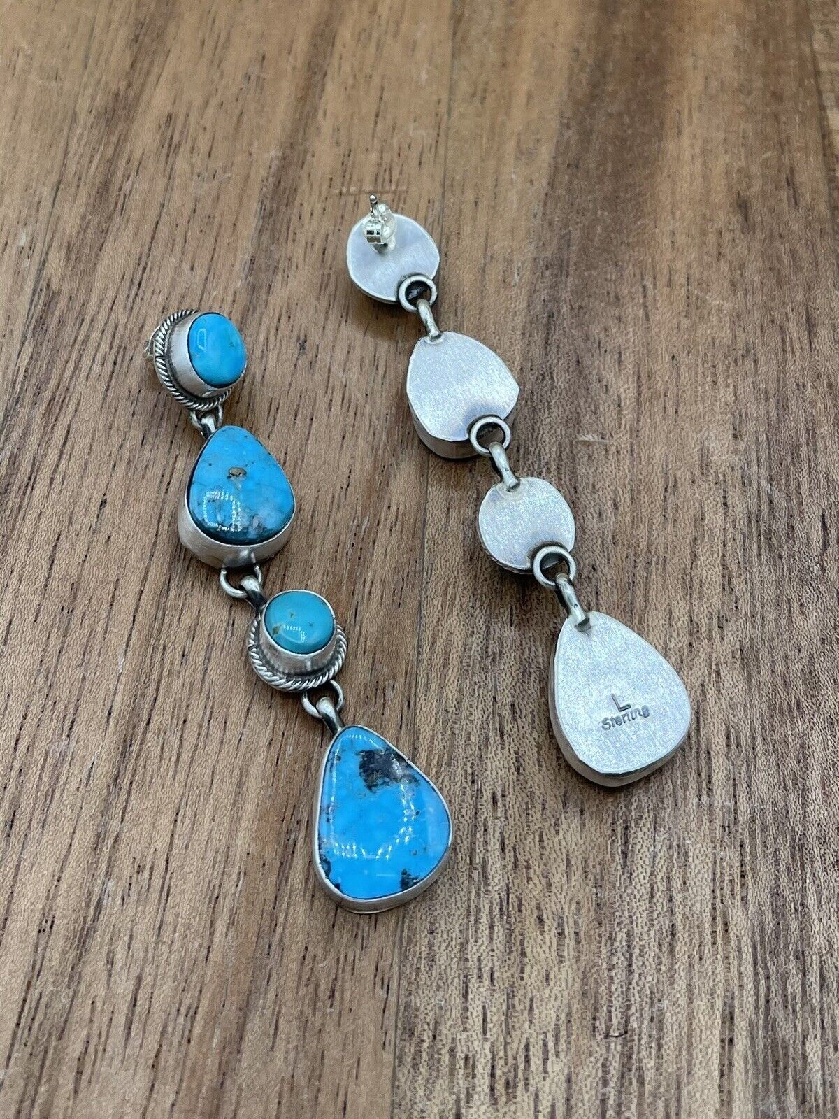 Native American Silver Navajo Handmade Kingman Turquoise Post Dangle Earrings