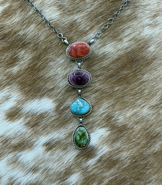 Navajo Handmade Sterling Silver Multi Color Mixed Stone Lariat Necklace 18”