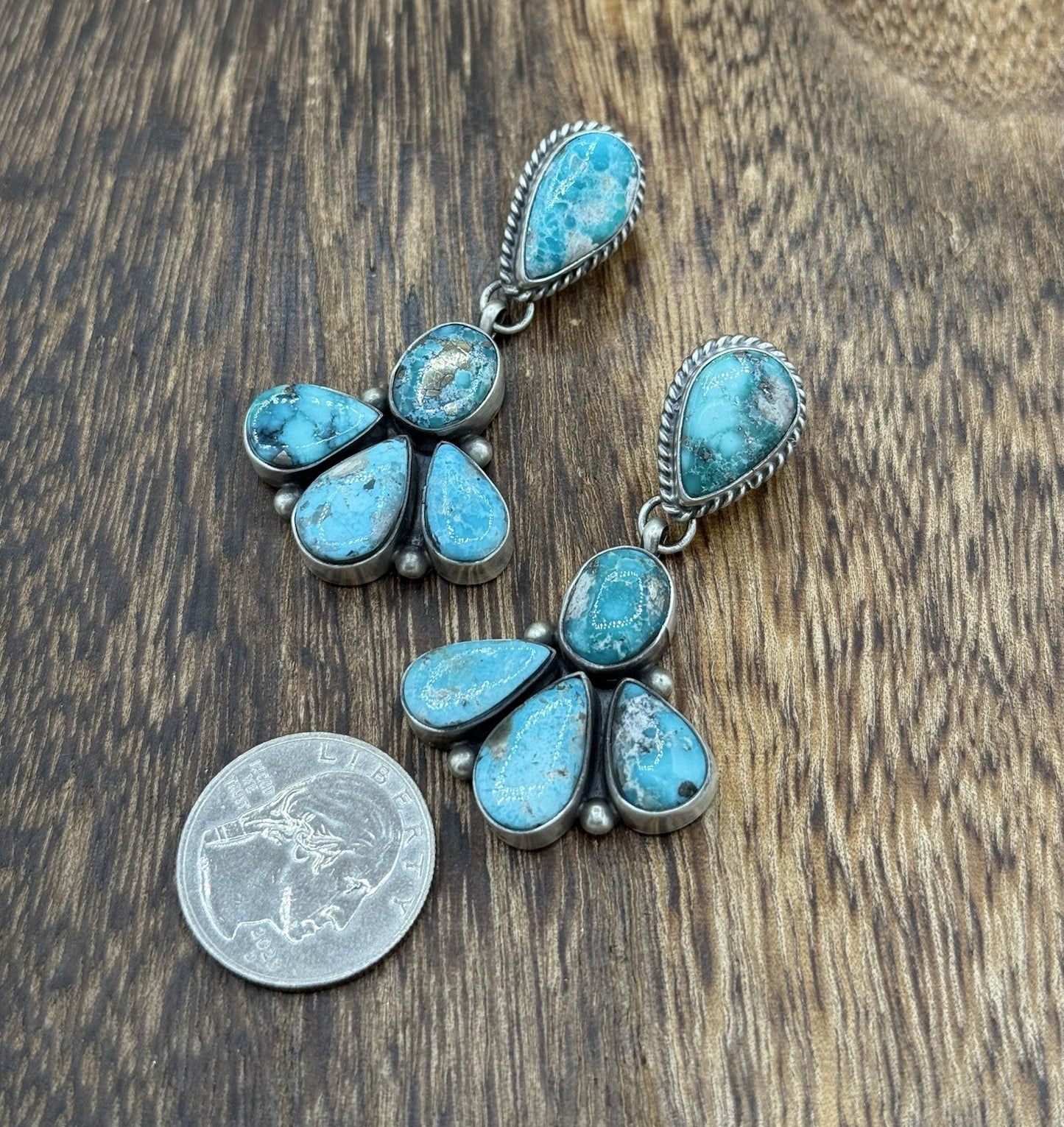 Navajo Handmade Sterling Silver Blue Bird Turquoise Cluster Post Dangle Earrings