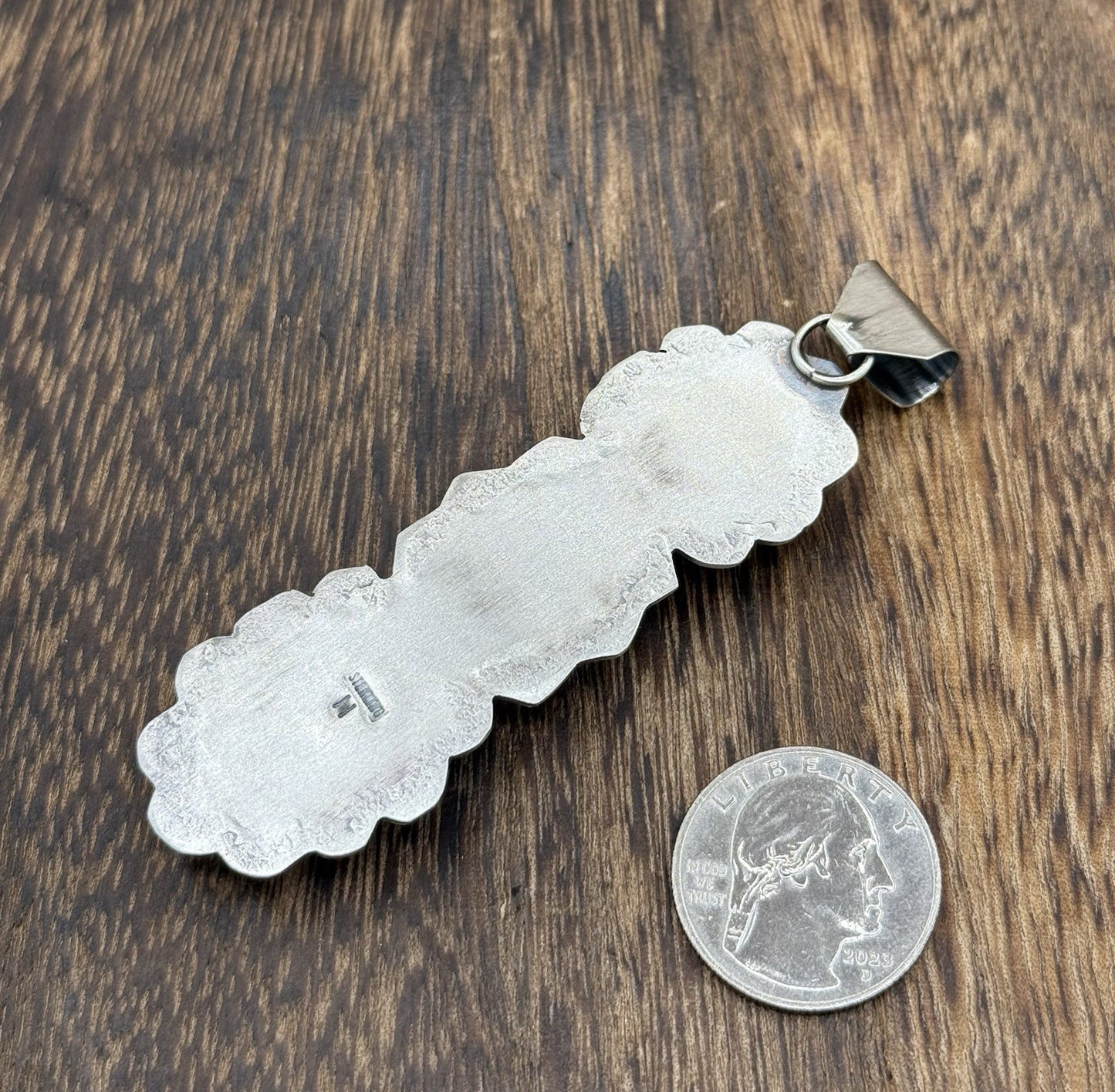 Navajo Handmade Sterling Silver Golden Hills Turquoise Stamped Drop Pendant