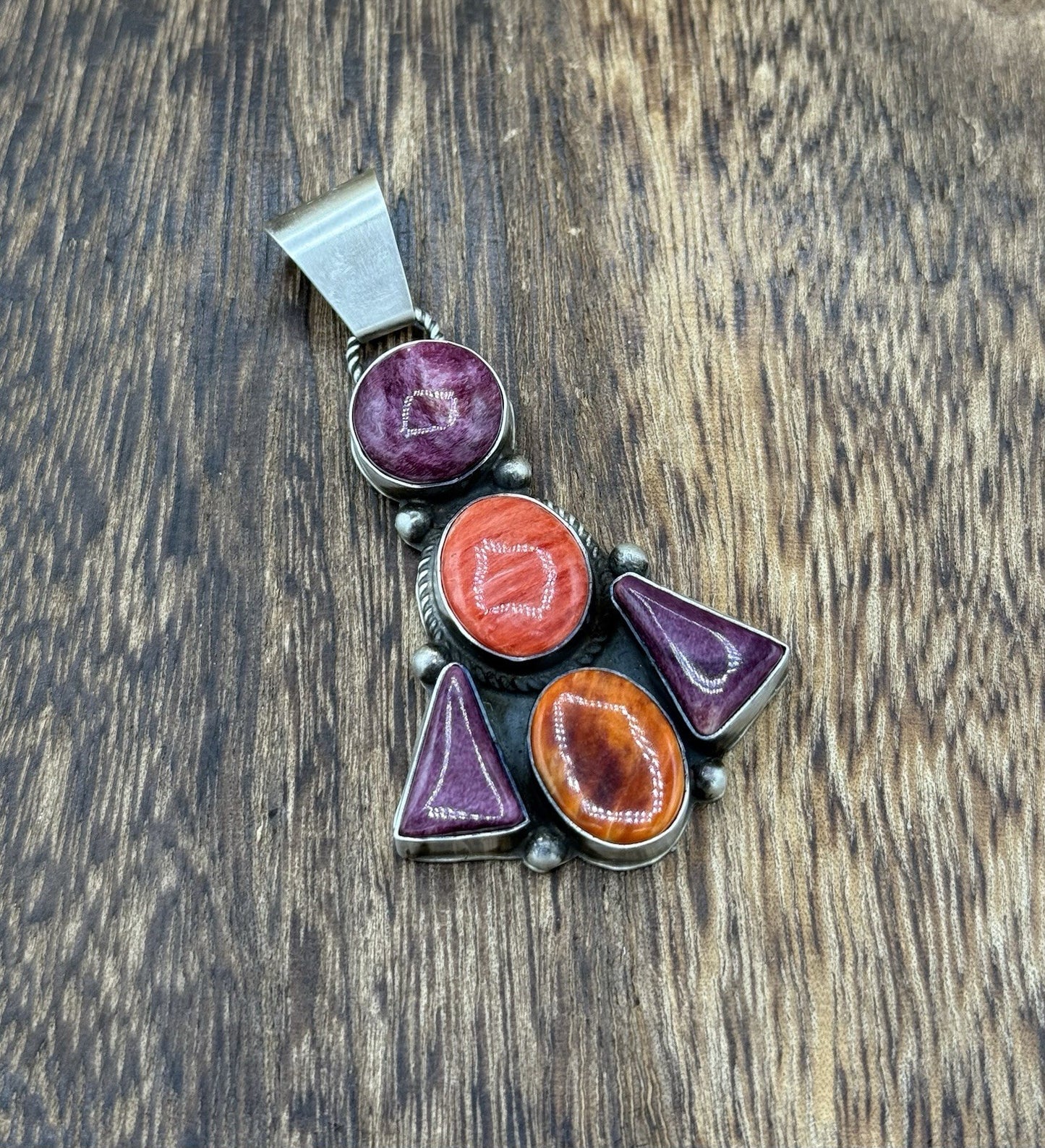 Native Navajo Handmade Sterling Silver Multi Spiny Oyster Shell Cluster Pendant