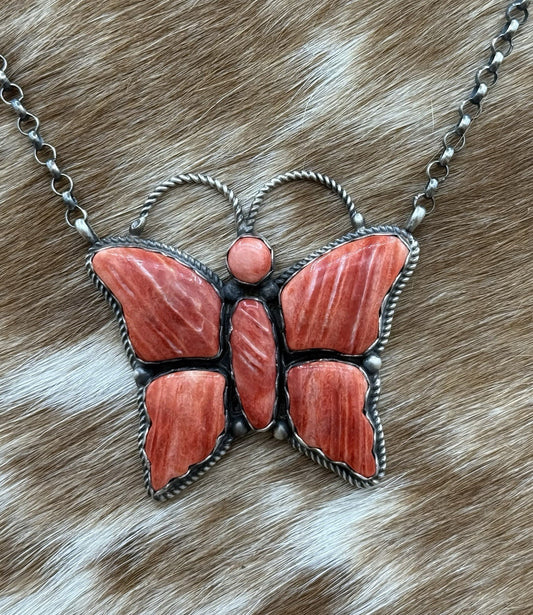 Navajo Handmade Sterling Silver Red Spiny Oyster Butterfly Bar Necklace 18”