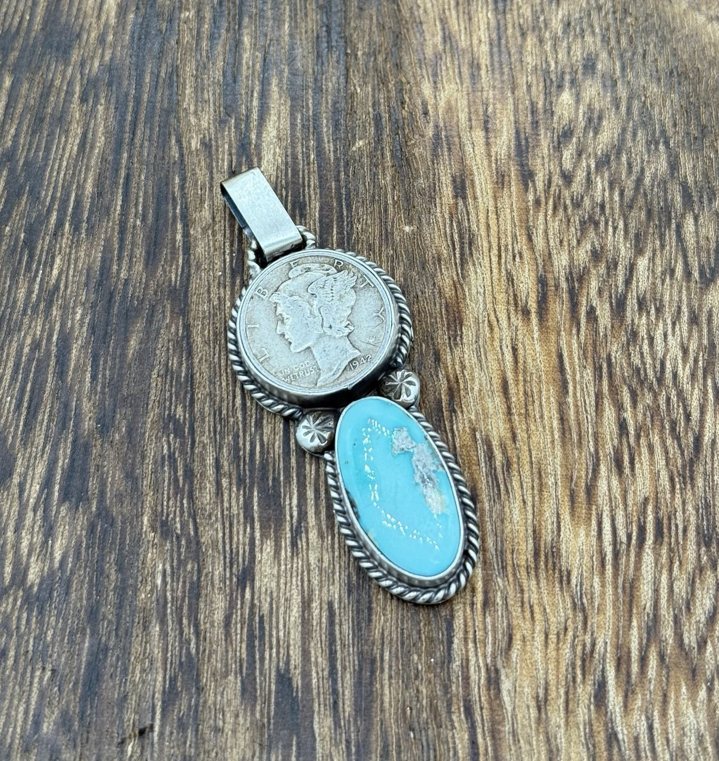 Navajo Handmade Sterling Silver White Water Turquoise Liberty Dime Coin Pendant