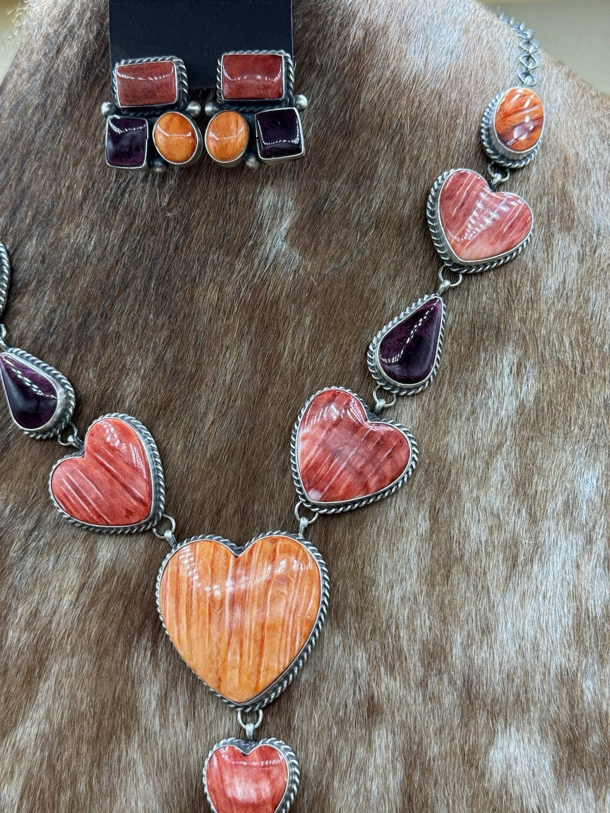 Navajo Handmade Sterling Silver Multi Spiny Oyster Shell Cluster Lariat Necklace