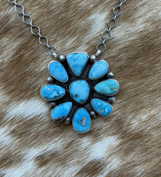 Navajo Handmade Sterling Silver Blue Ridge Turquoise Cluster Bar Necklace 18”