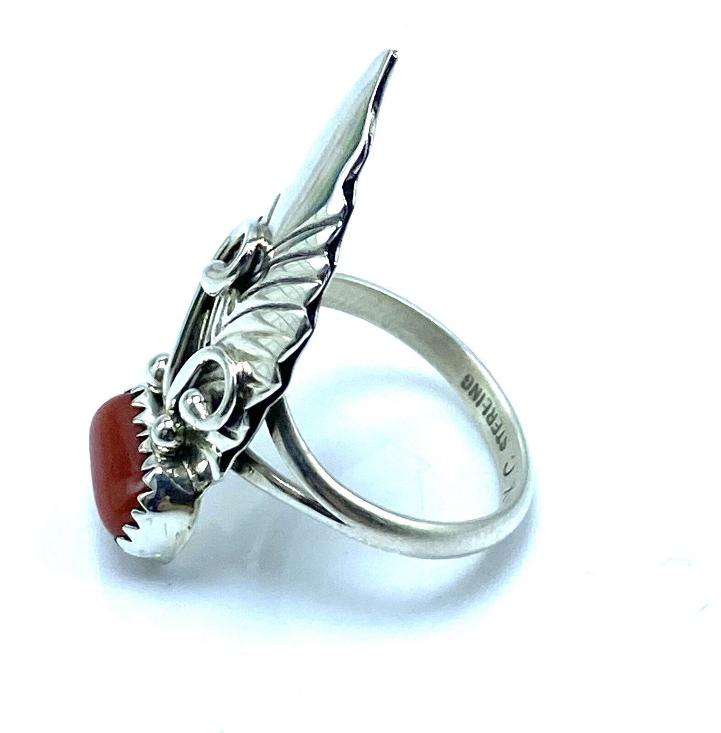 Native American Sterling Silver Navajo Handmade Red Coral Feather Ring Size 5.5