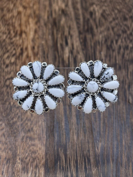 Native American Navajo Handmade Silver White Buffalo Cluster Stud Earrings