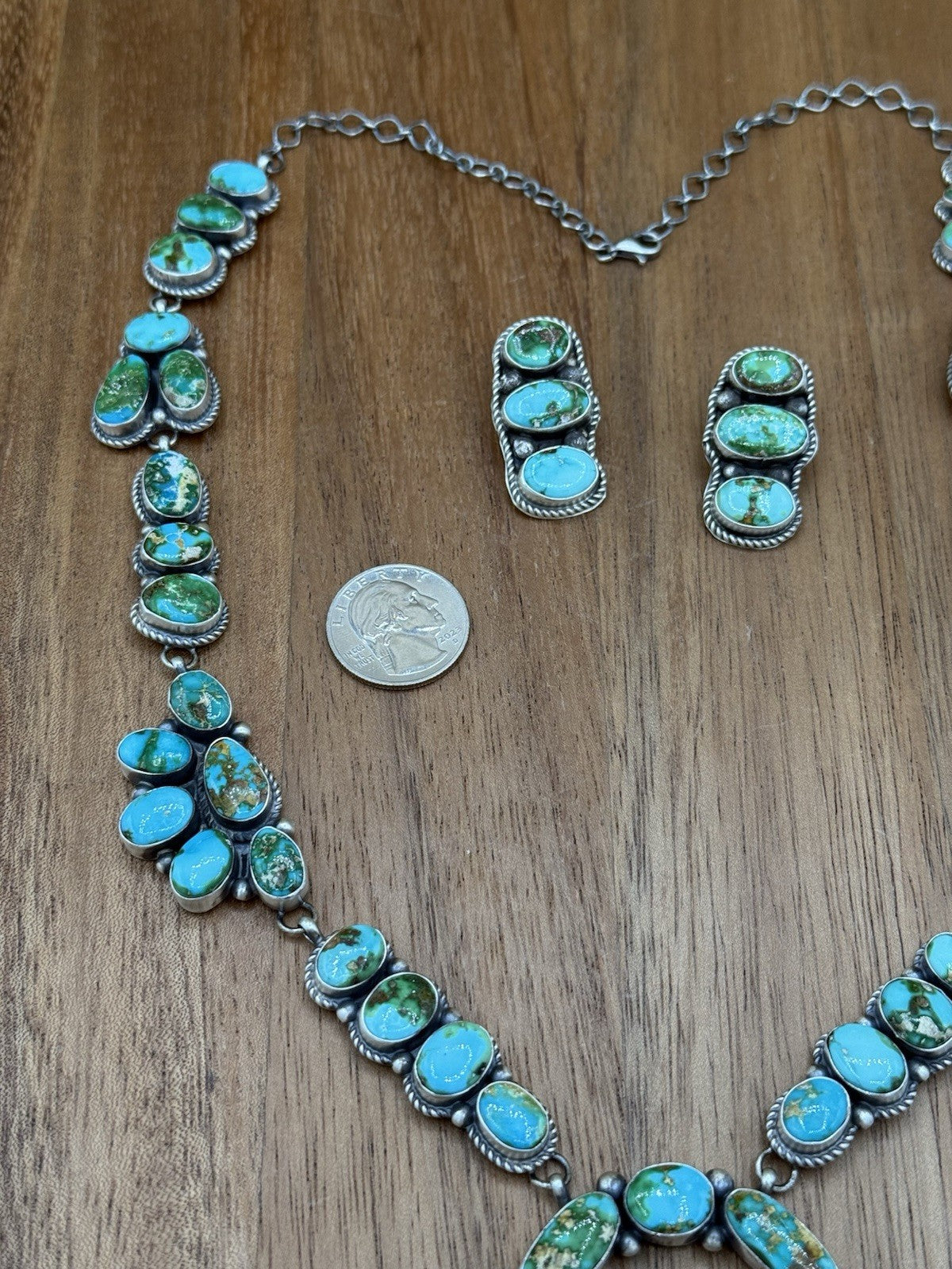 Navajo Handmade Sterling Silver Sonoran Gold Turquoise Cluster Lariat Necklace