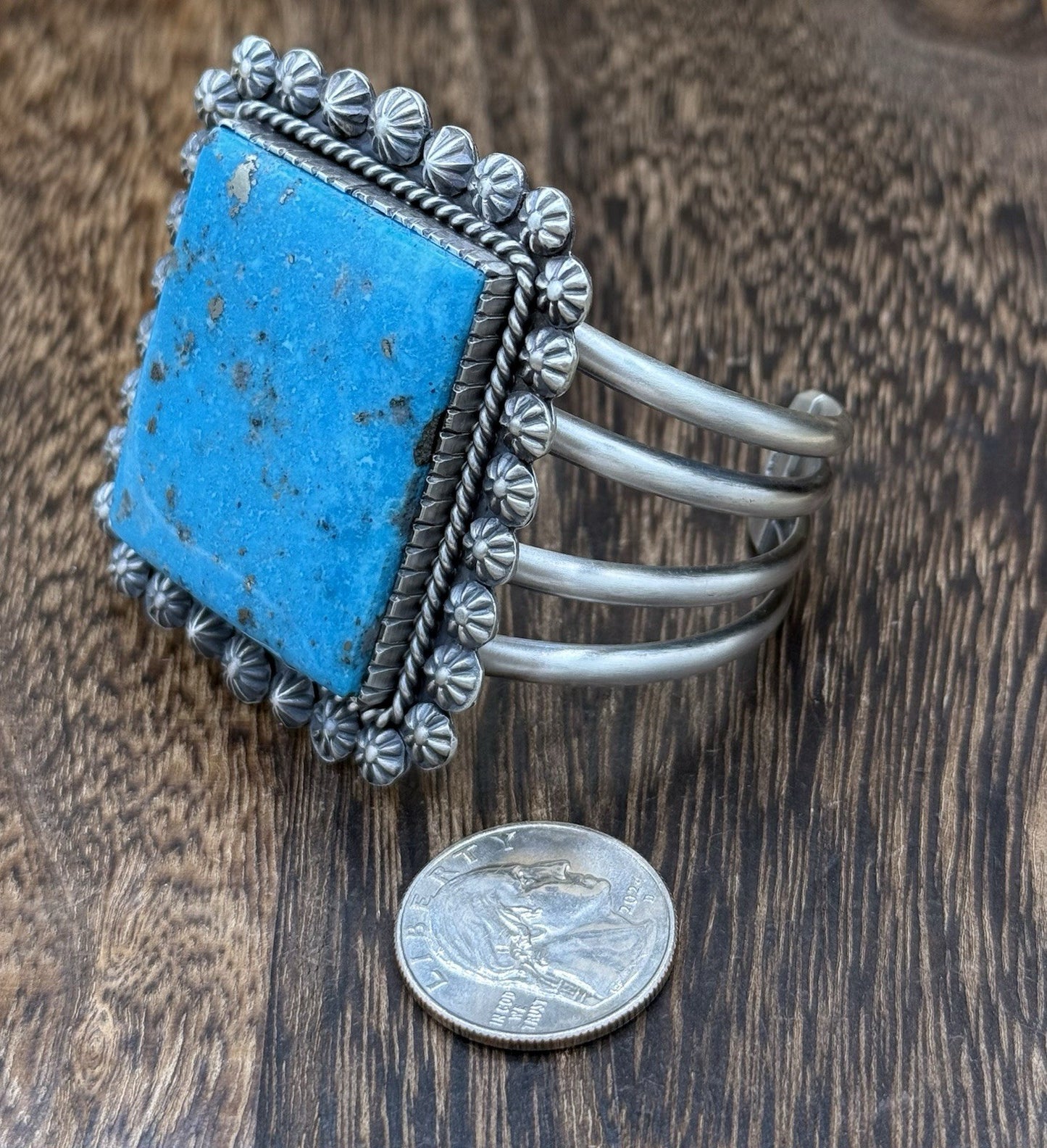 Native Navajo Handmade Sterling Silver Morenci Turquoise Old Look Cuff Bracelet