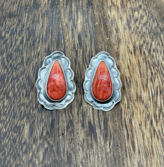 Navajo Handmade Sterling Silver Red Spiny Oyster Shell Stamped Post Earrings