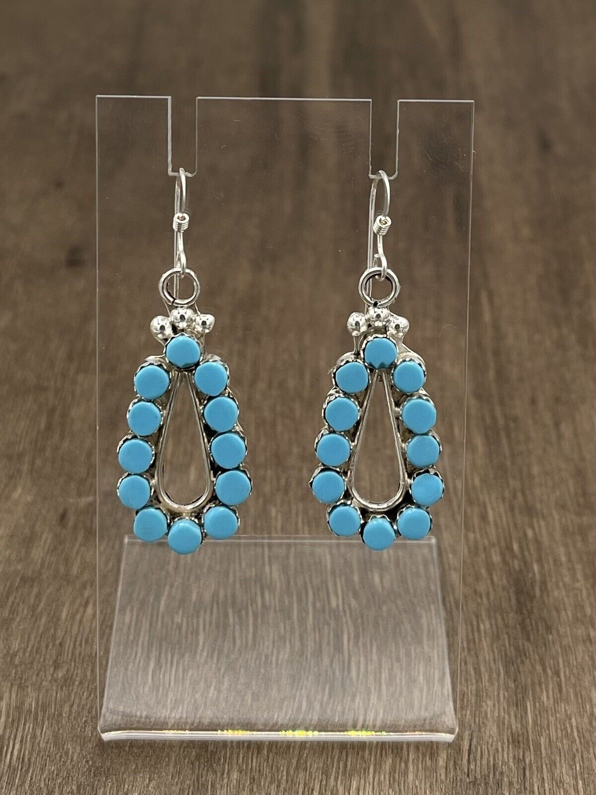 Native American Sterling Silver Zuni Handmade Natural Turquoise Dangle Earring