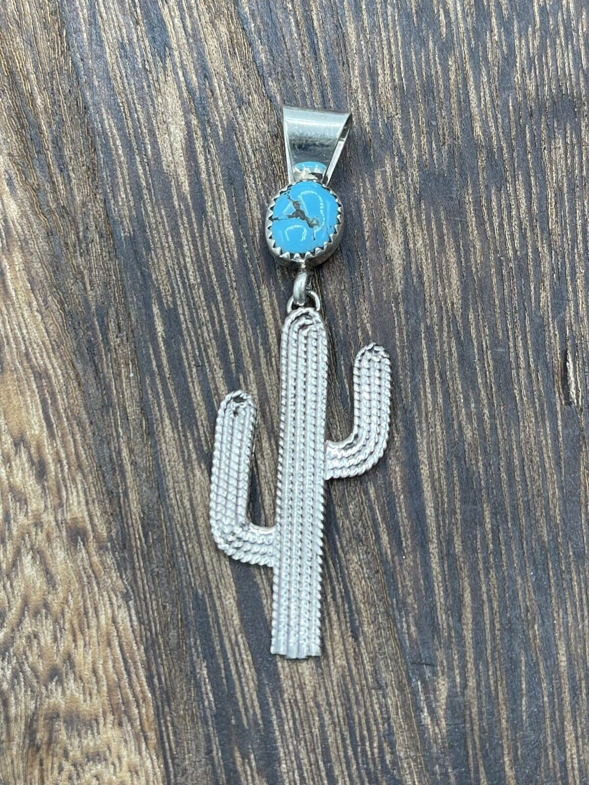 Native American Sterling Silver Navajo Handmade Natural Turquoise Cactus Pendant