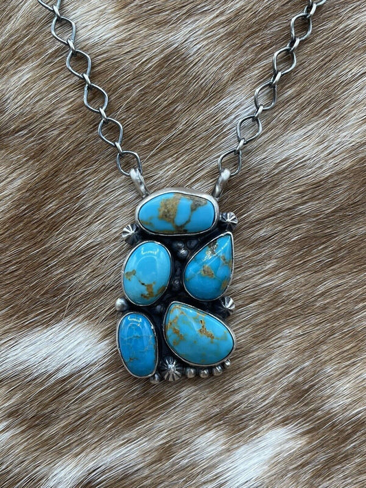 Native American Navajo Handmade Silver Turquoise Cluster Bar Necklace 18 Inch