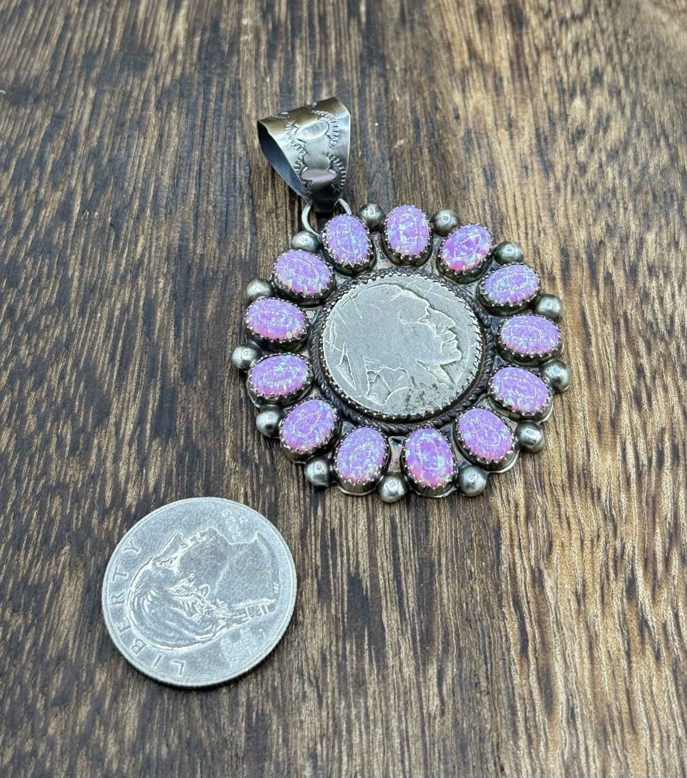 Navajo Handmade Sterling Silver Pink Fire Opal Cluster Buffalo Coin Pendant