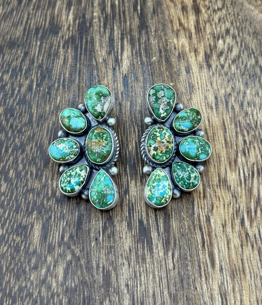 Navajo Handmade Sterling Silver Sonoran Gold Turquoise Half Cluster Earrings